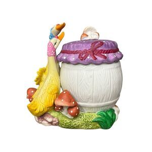 Vintage Ceramic Mushroom & Geese Sugar Bowl With Lid Kitchen Colorful Decor